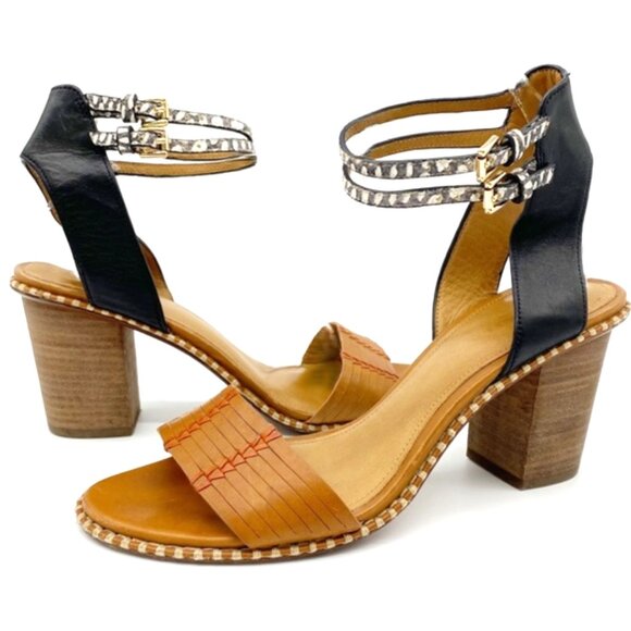 Coach Pexton Brown Leather Snakeskin Print Strap Block Heel Sandals‎ Size 7 - Picture 1 of 15